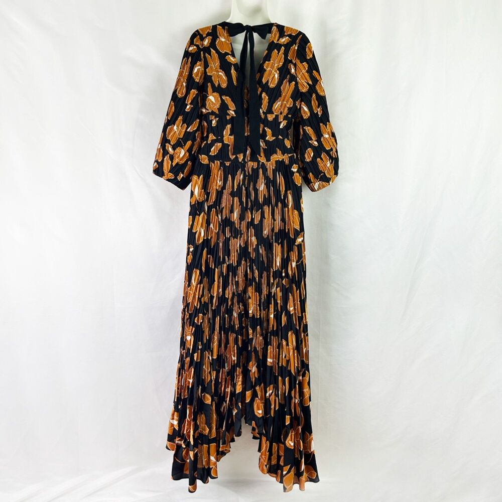 SIMKHAI Black & Gold Floral Ames Midi Dress (8) Pleated Plissé-Satin - Picture 10 of 16
